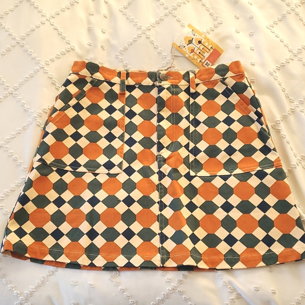 Lucy & Yak Orange, Green & Cream Geometric Mini Skirt